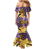 Plumeria Polynesian Pattern Family Matching Mermaid Dress and Hawaiian Shirt Unique Fantasy Yellow Purple LT01 - Polynesian Pride