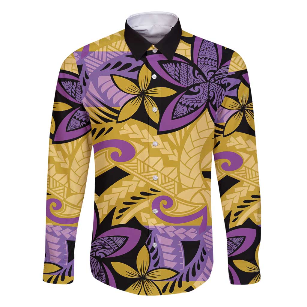 Plumeria Polynesian Pattern Family Matching Off Shoulder Maxi Dress and Hawaiian Shirt Unique Fantasy Yellow Purple LT01 Dad's Shirt - Long Sleeve Yellow - Polynesian Pride
