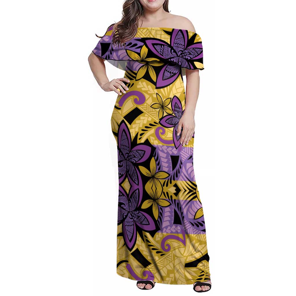 Plumeria Polynesian Pattern Family Matching Off Shoulder Maxi Dress and Hawaiian Shirt Unique Fantasy Yellow Purple LT01 Mom's Dress Yellow - Polynesian Pride