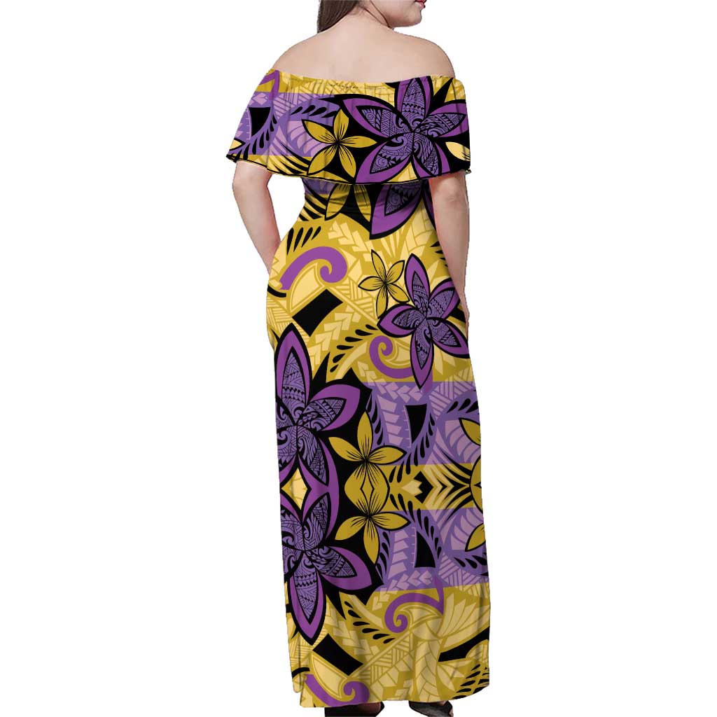 Plumeria Polynesian Pattern Family Matching Off Shoulder Maxi Dress and Hawaiian Shirt Unique Fantasy Yellow Purple LT01 - Polynesian Pride