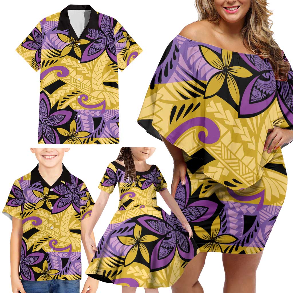 Plumeria Polynesian Pattern Family Matching Off Shoulder Short Dress and Hawaiian Shirt Unique Fantasy Yellow Purple LT01 - Polynesian Pride