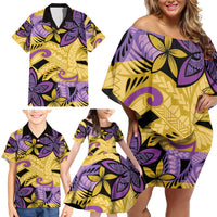 Plumeria Polynesian Pattern Family Matching Off Shoulder Short Dress and Hawaiian Shirt Unique Fantasy Yellow Purple LT01 - Polynesian Pride