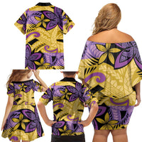 Plumeria Polynesian Pattern Family Matching Off Shoulder Short Dress and Hawaiian Shirt Unique Fantasy Yellow Purple LT01 - Polynesian Pride