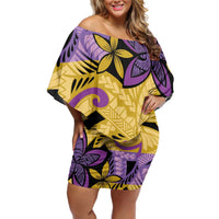 Plumeria Polynesian Pattern Family Matching Off Shoulder Short Dress and Hawaiian Shirt Unique Fantasy Yellow Purple LT01 Mom's Dress Yellow - Polynesian Pride