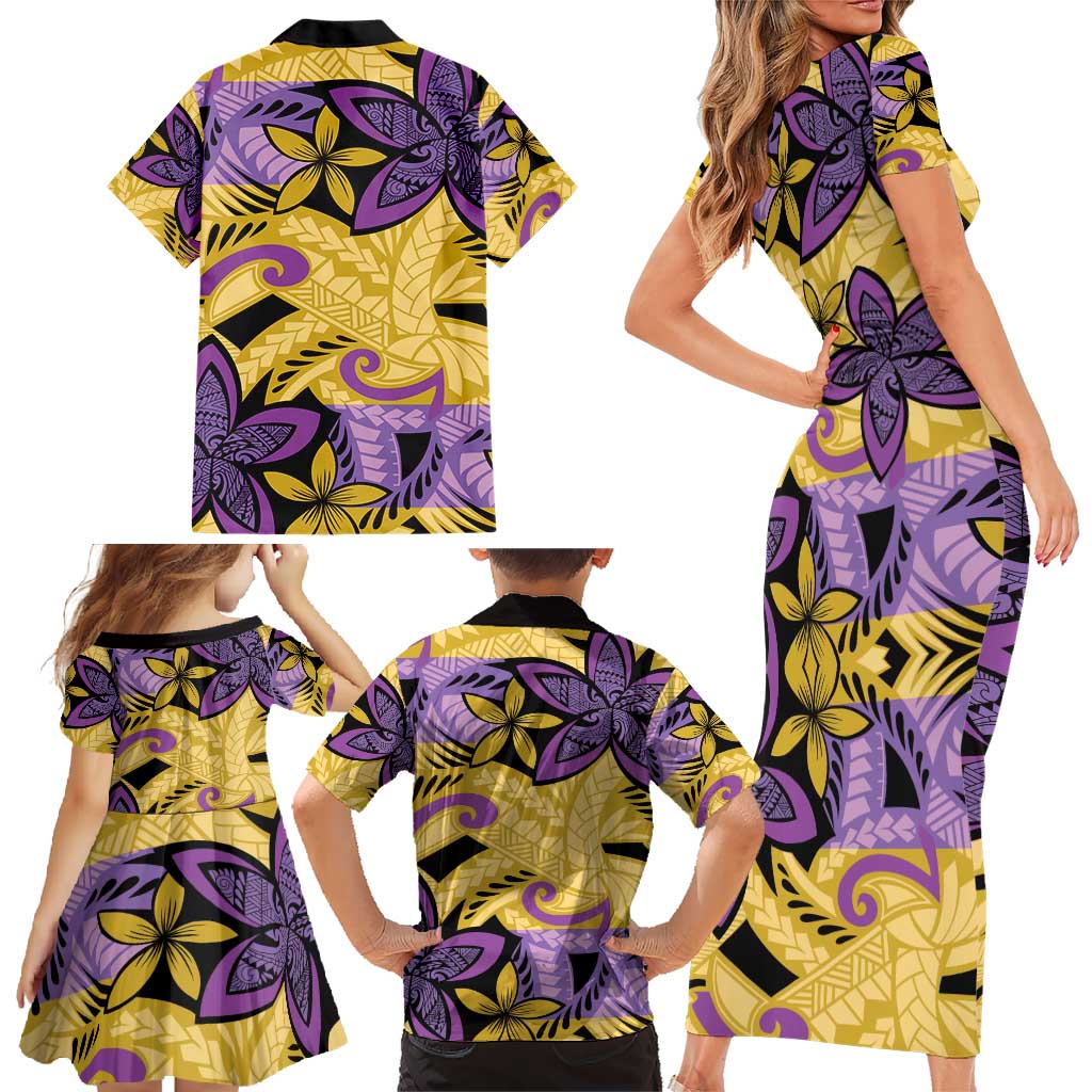 Plumeria Polynesian Pattern Family Matching Short Sleeve Bodycon Dress and Hawaiian Shirt Unique Fantasy Yellow Purple LT01 - Polynesian Pride