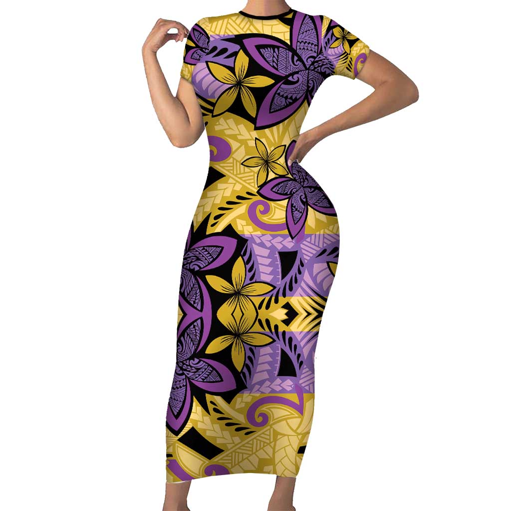 Plumeria Polynesian Pattern Family Matching Short Sleeve Bodycon Dress and Hawaiian Shirt Unique Fantasy Yellow Purple LT01 Mom's Dress Yellow - Polynesian Pride