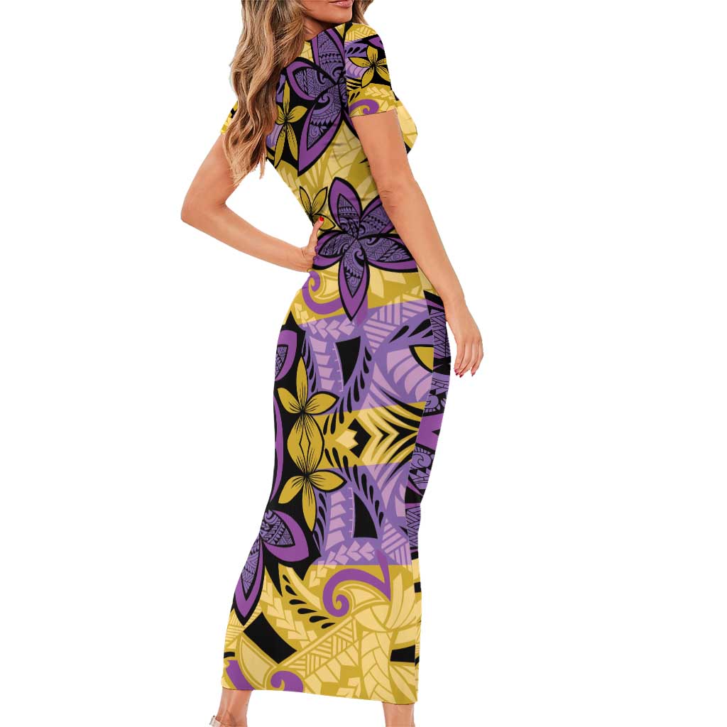 Plumeria Polynesian Pattern Family Matching Short Sleeve Bodycon Dress and Hawaiian Shirt Unique Fantasy Yellow Purple LT01 - Polynesian Pride