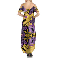 Plumeria Polynesian Pattern Family Matching Summer Maxi Dress and Hawaiian Shirt Unique Fantasy Yellow Purple LT01 - Polynesian Pride
