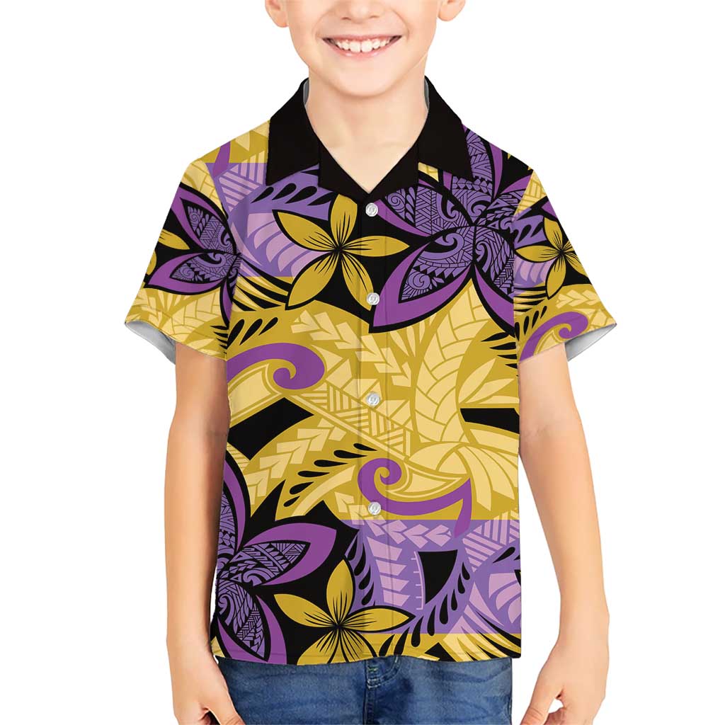Plumeria Polynesian Pattern Kid Hawaiian Shirt Unique Fantasy Yellow Purple LT01 Kid Yellow - Polynesian Pride