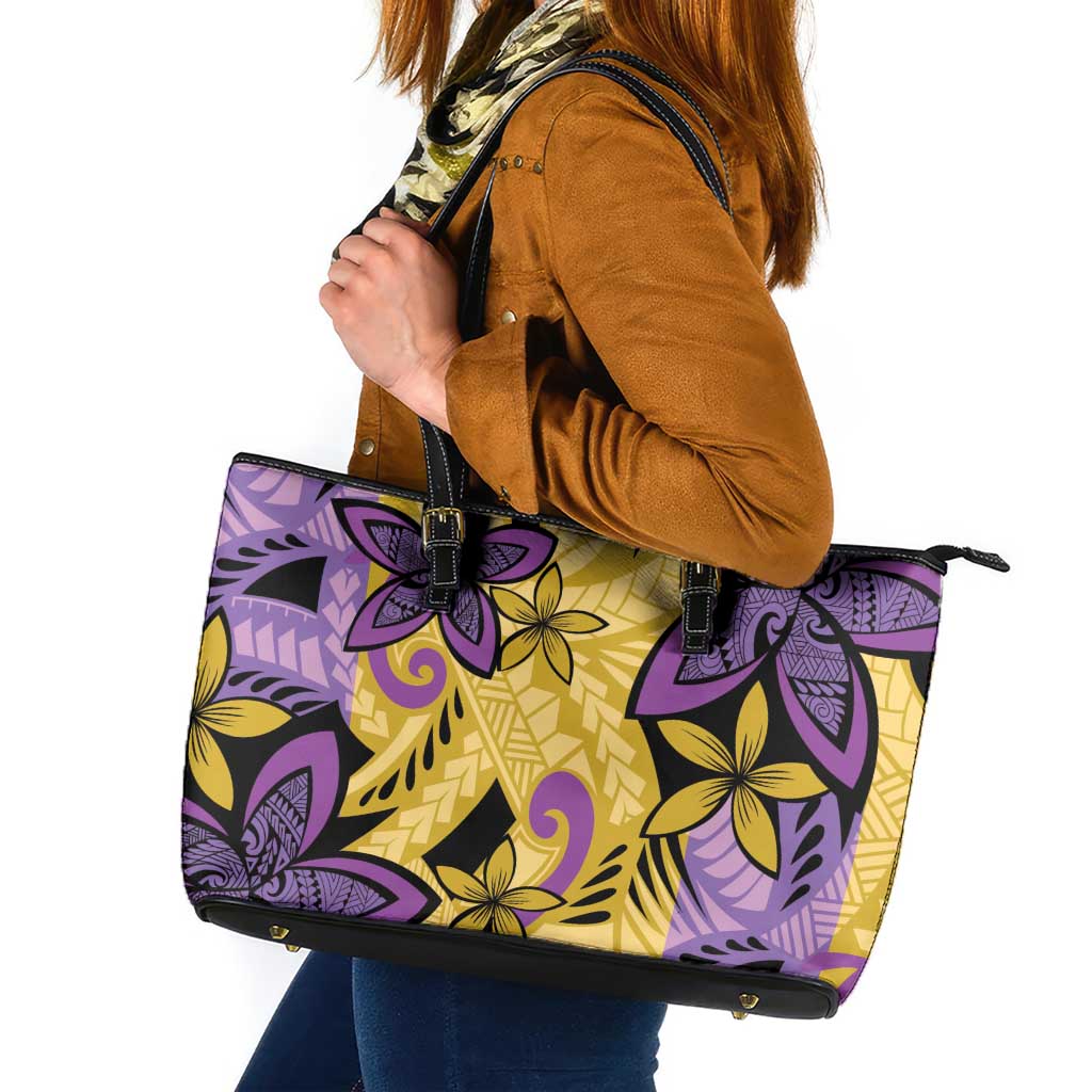 Plumeria Polynesian Pattern Leather Tote Bag Unique Fantasy Yellow Purple LT01 Yellow - Polynesian Pride