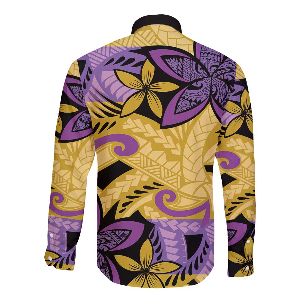 Plumeria Polynesian Pattern Long Sleeve Button Shirt Unique Fantasy Yellow Purple
