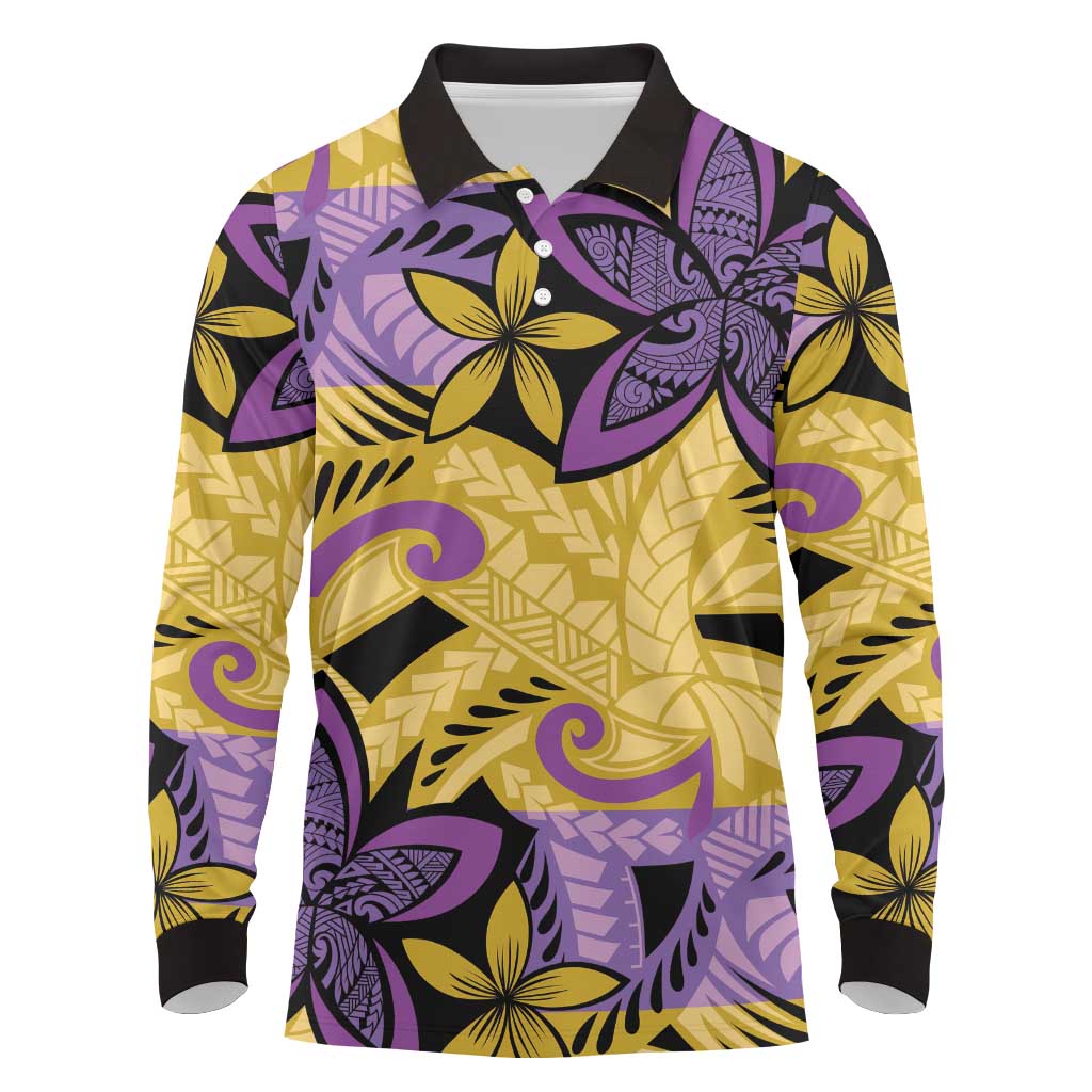Plumeria Polynesian Pattern Long Sleeve Polo Shirt Unique Fantasy Yellow Purple LT01 Yellow - Polynesian Pride