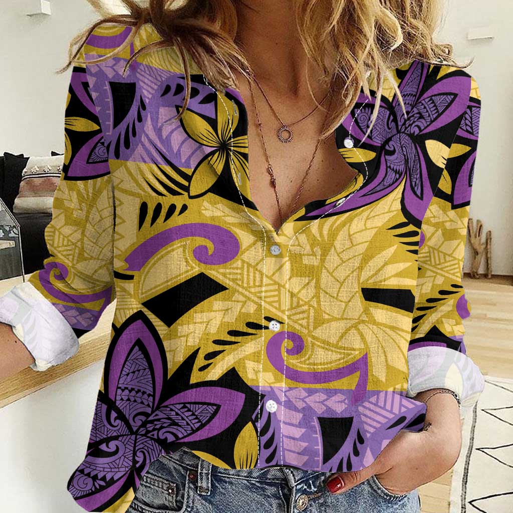 Plumeria Polynesian Pattern Women Casual Shirt Unique Fantasy Yellow Purple LT01 Female Yellow - Polynesian Pride