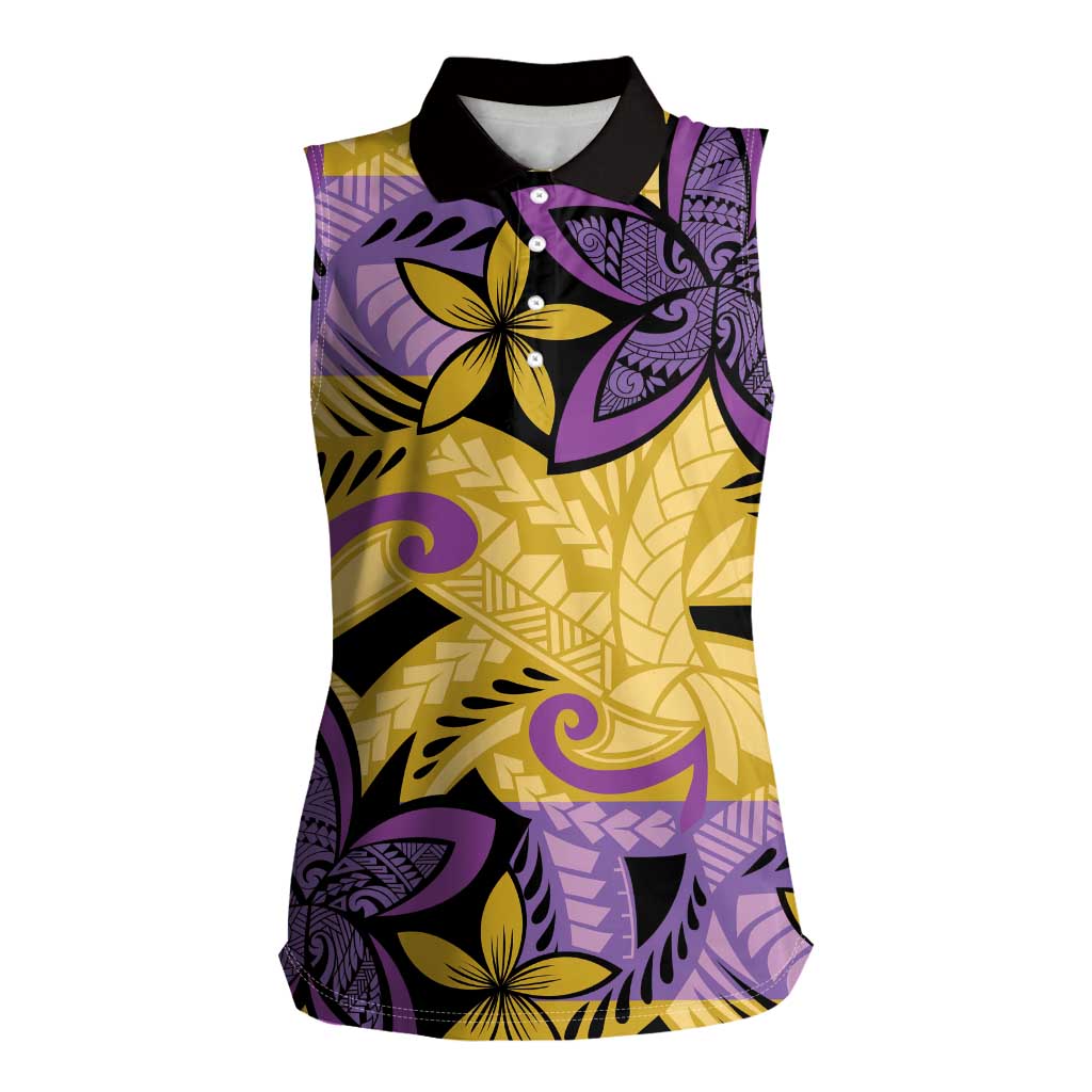 Plumeria Polynesian Pattern Women Sleeveless Polo Shirt Unique Fantasy Yellow Purple LT01 Female Yellow - Polynesian Pride