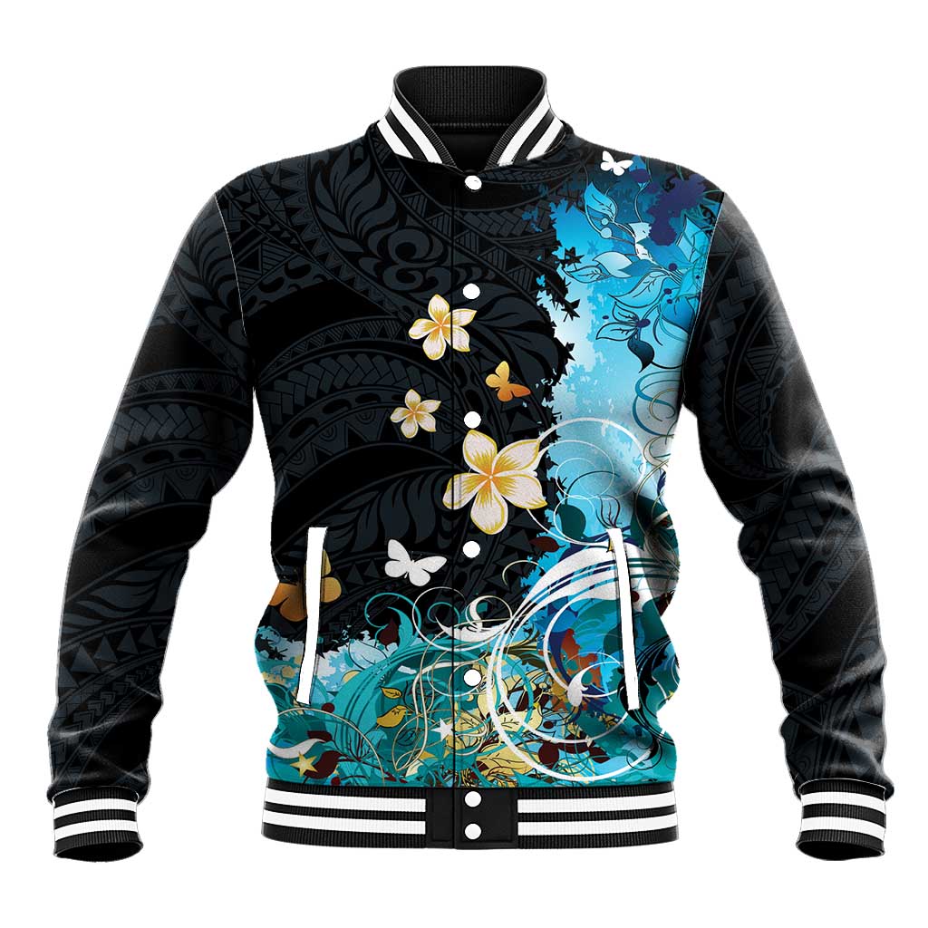 Blue Grunge Polynesian Pattern Baseball Jacket Plumeria Floral