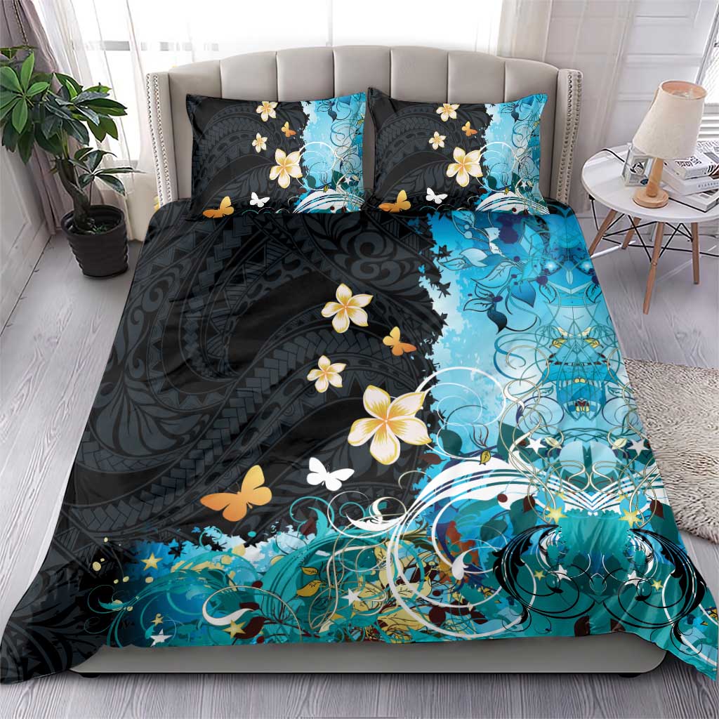 Blue Grunge Polynesian Pattern Bedding Set Plumeria Floral