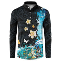 Blue Grunge Polynesian Pattern Button Sweatshirt Plumeria Floral