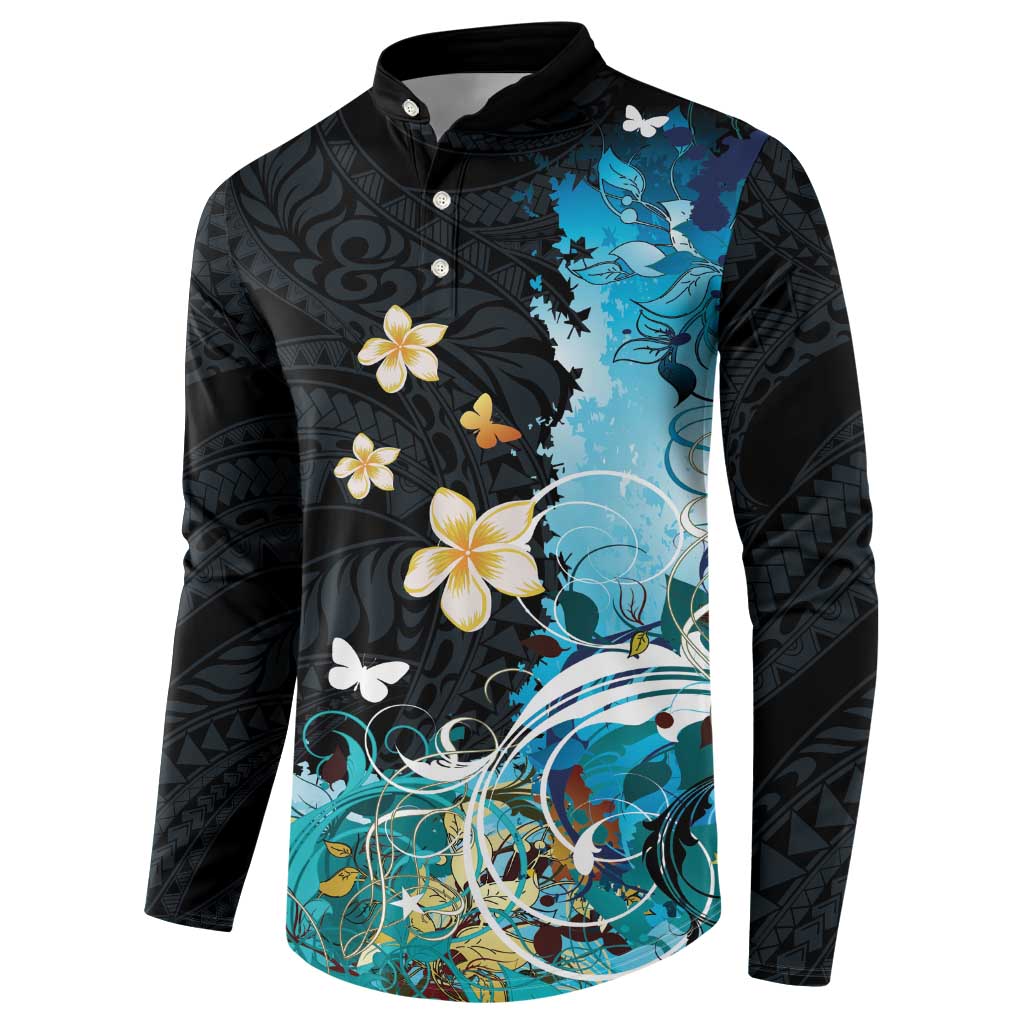 Blue Grunge Polynesian Pattern Button Sweatshirt Plumeria Floral