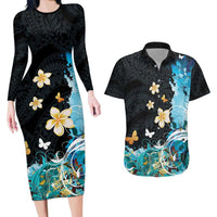 Blue Grunge Polynesian Pattern Couples Matching Long Sleeve Bodycon Dress and Hawaiian Shirt Plumeria Floral LT01 Blue - Polynesian Pride