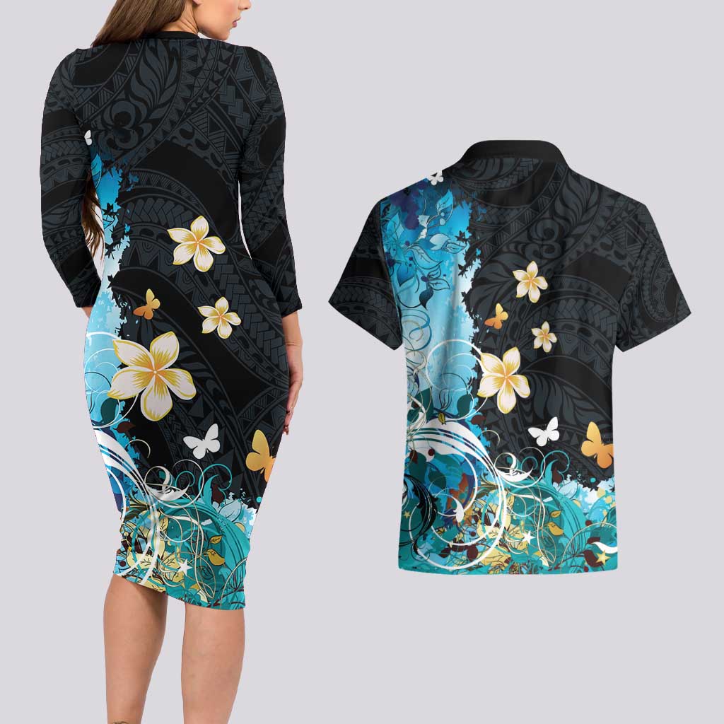 Blue Grunge Polynesian Pattern Couples Matching Long Sleeve Bodycon Dress and Hawaiian Shirt Plumeria Floral LT01 - Polynesian Pride