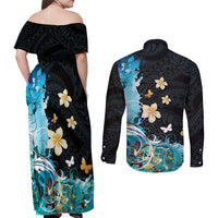 Blue Grunge Polynesian Pattern Couples Matching Off Shoulder Maxi Dress and Long Sleeve Button Shirt Plumeria Floral
