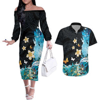 Blue Grunge Polynesian Pattern Couples Matching Off The Shoulder Long Sleeve Dress and Hawaiian Shirt Plumeria Floral LT01 Blue - Polynesian Pride
