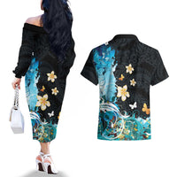 Blue Grunge Polynesian Pattern Couples Matching Off The Shoulder Long Sleeve Dress and Hawaiian Shirt Plumeria Floral LT01 - Polynesian Pride