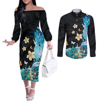 Blue Grunge Polynesian Pattern Couples Matching Off The Shoulder Long Sleeve Dress and Long Sleeve Button Shirt Plumeria Floral