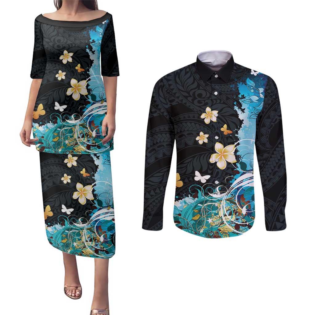 Blue Grunge Polynesian Pattern Couples Matching Puletasi and Long Sleeve Button Shirt Plumeria Floral LT01 Blue - Polynesian Pride