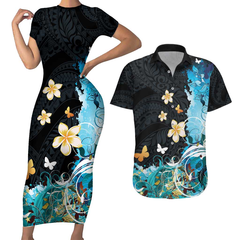 Blue Grunge Polynesian Pattern Couples Matching Short Sleeve Bodycon Dress and Hawaiian Shirt Plumeria Floral LT01 Blue - Polynesian Pride