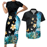 Blue Grunge Polynesian Pattern Couples Matching Short Sleeve Bodycon Dress and Hawaiian Shirt Plumeria Floral LT01 Blue - Polynesian Pride