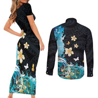 Blue Grunge Polynesian Pattern Couples Matching Short Sleeve Bodycon Dress and Long Sleeve Button Shirt Plumeria Floral