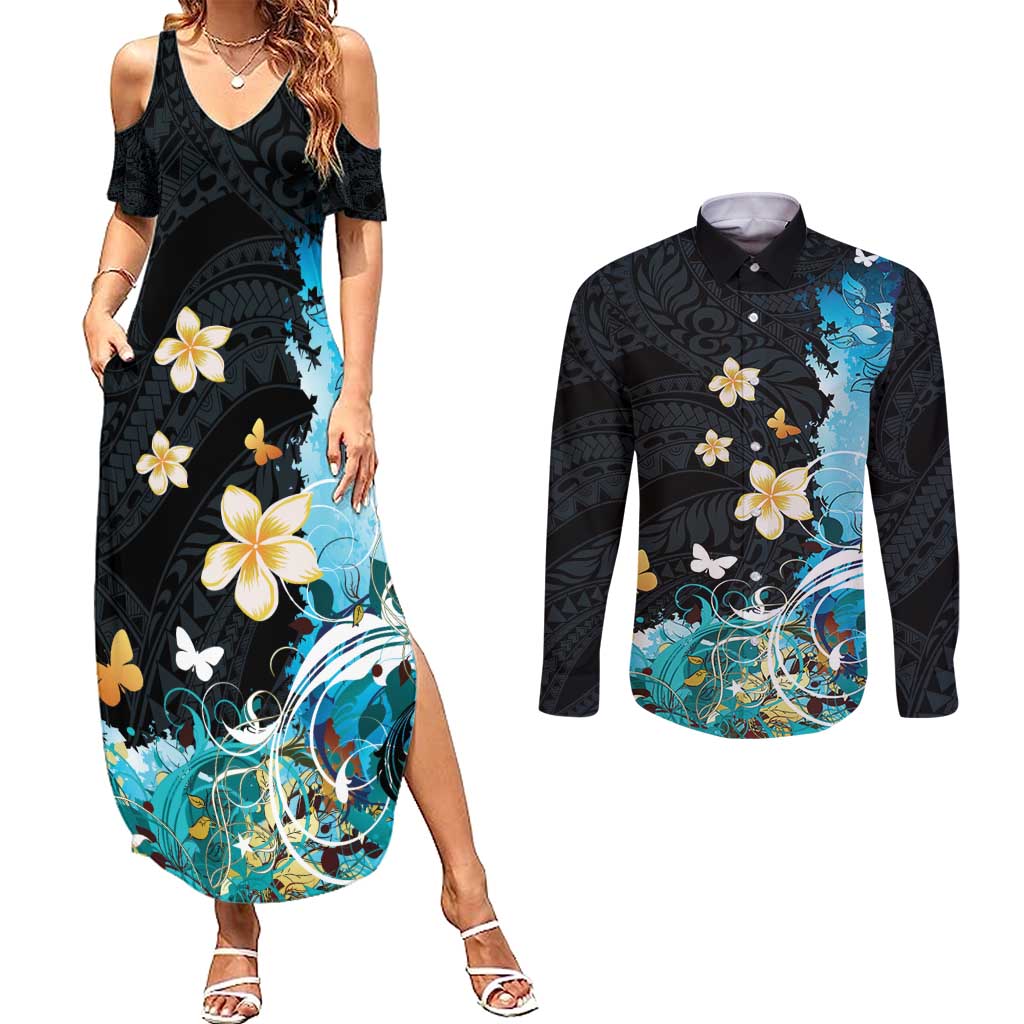 Blue Grunge Polynesian Pattern Couples Matching Summer Maxi Dress and Long Sleeve Button Shirt Plumeria Floral LT01 Blue - Polynesian Pride