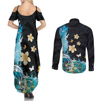 Blue Grunge Polynesian Pattern Couples Matching Summer Maxi Dress and Long Sleeve Button Shirt Plumeria Floral LT01 - Polynesian Pride