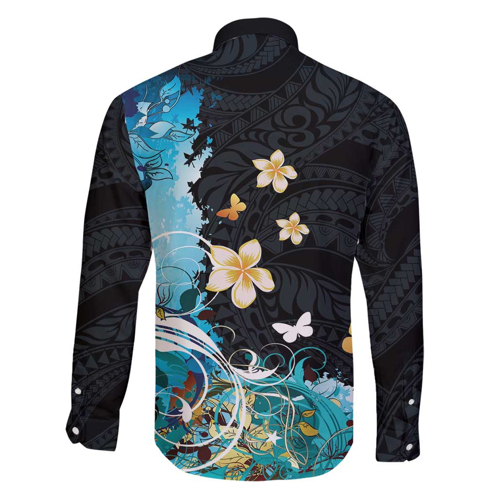 Blue Grunge Polynesian Pattern Family Matching Long Sleeve Bodycon Dress and Hawaiian Shirt Plumeria Floral LT01 - Polynesian Pride