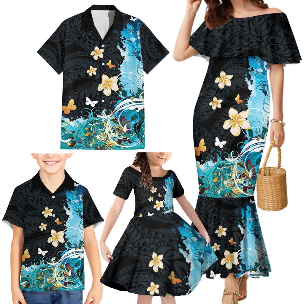 Blue Grunge Polynesian Pattern Family Matching Mermaid Dress and Hawaiian Shirt Plumeria Floral LT01 - Polynesian Pride