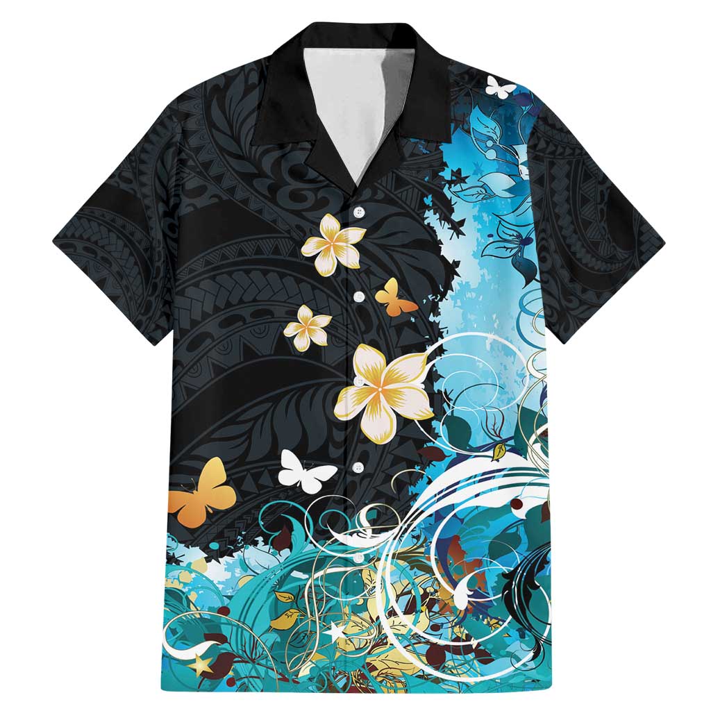 Blue Grunge Polynesian Pattern Family Matching Mermaid Dress and Hawaiian Shirt Plumeria Floral LT01 Dad's Shirt - Short Sleeve Blue - Polynesian Pride