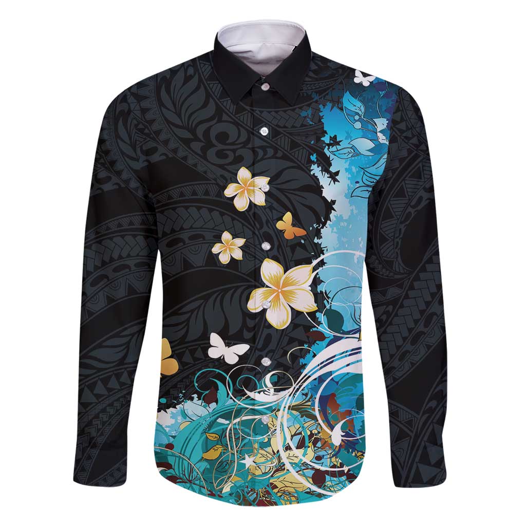 Blue Grunge Polynesian Pattern Family Matching Mermaid Dress and Hawaiian Shirt Plumeria Floral LT01 Dad's Shirt - Long Sleeve Blue - Polynesian Pride