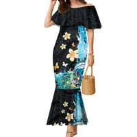 Blue Grunge Polynesian Pattern Family Matching Mermaid Dress and Hawaiian Shirt Plumeria Floral LT01 Mom's Dress Blue - Polynesian Pride