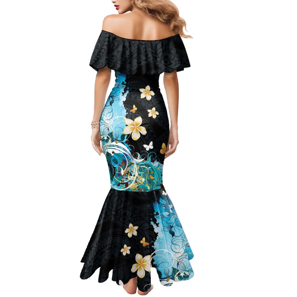 Blue Grunge Polynesian Pattern Family Matching Mermaid Dress and Hawaiian Shirt Plumeria Floral LT01 - Polynesian Pride