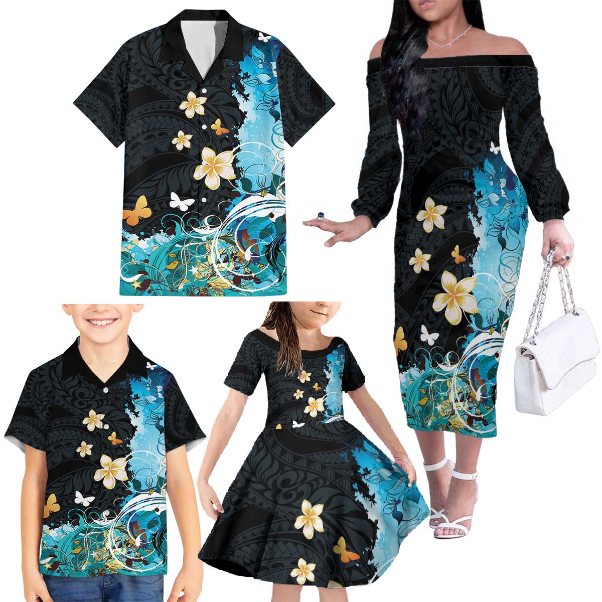 Blue Grunge Polynesian Pattern Family Matching Off The Shoulder Long Sleeve Dress and Hawaiian Shirt Plumeria Floral LT01 - Polynesian Pride