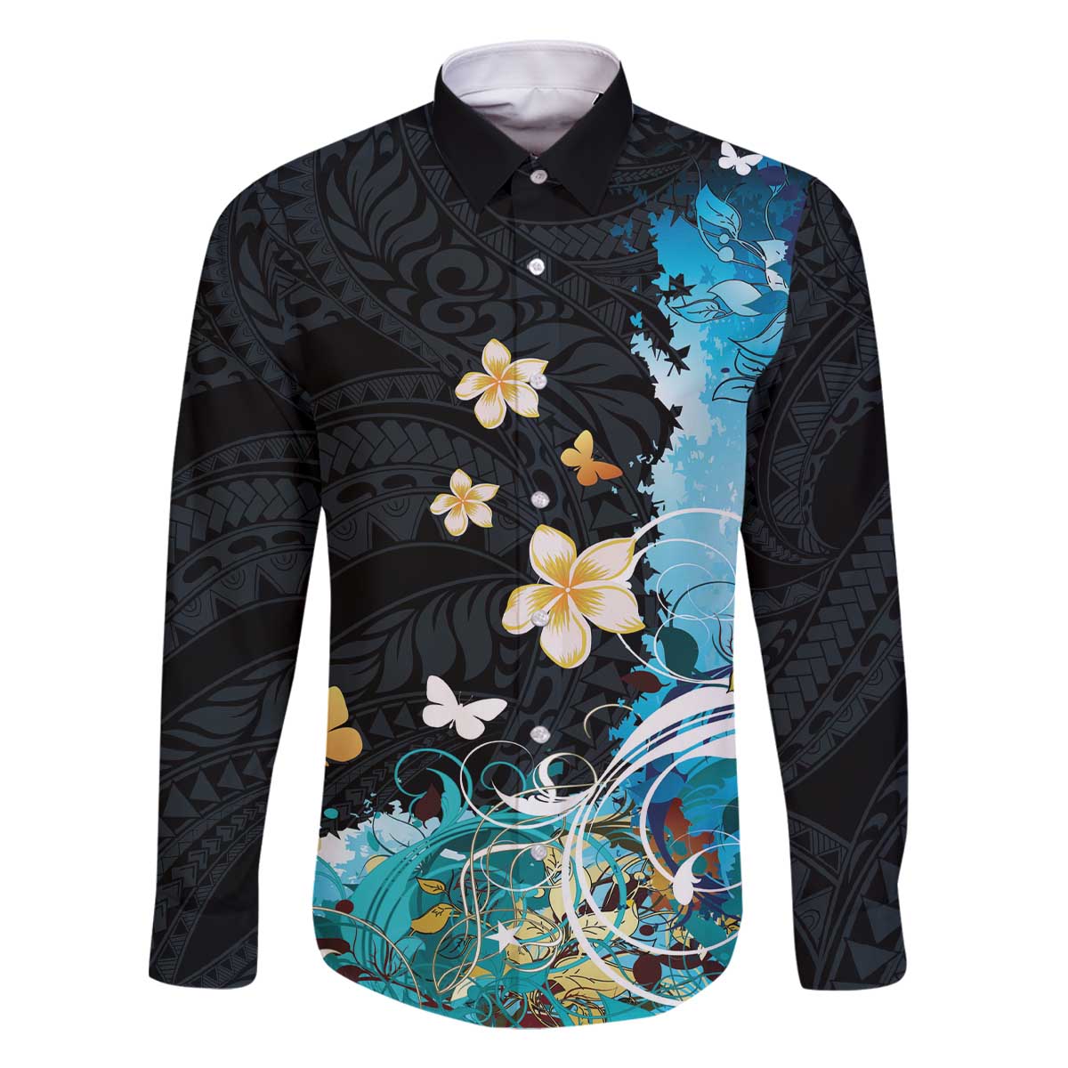 Blue Grunge Polynesian Pattern Family Matching Off The Shoulder Long Sleeve Dress and Hawaiian Shirt Plumeria Floral LT01 Dad's Shirt - Long Sleeve Blue - Polynesian Pride