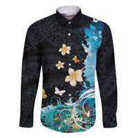 Blue Grunge Polynesian Pattern Family Matching Off The Shoulder Long Sleeve Dress and Hawaiian Shirt Plumeria Floral LT01 Dad's Shirt - Long Sleeve Blue - Polynesian Pride