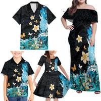 Blue Grunge Polynesian Pattern Family Matching Off Shoulder Maxi Dress and Hawaiian Shirt Plumeria Floral LT01 - Polynesian Pride