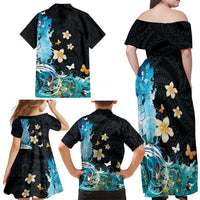 Blue Grunge Polynesian Pattern Family Matching Off Shoulder Maxi Dress and Hawaiian Shirt Plumeria Floral LT01 - Polynesian Pride