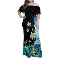 Blue Grunge Polynesian Pattern Family Matching Off Shoulder Maxi Dress and Hawaiian Shirt Plumeria Floral LT01 Mom's Dress Blue - Polynesian Pride