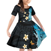 Blue Grunge Polynesian Pattern Family Matching Off Shoulder Short Dress and Hawaiian Shirt Plumeria Floral LT01 Daughter's Dress Blue - Polynesian Pride