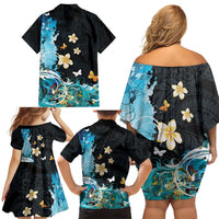 Blue Grunge Polynesian Pattern Family Matching Off Shoulder Short Dress and Hawaiian Shirt Plumeria Floral LT01 - Polynesian Pride