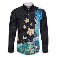 Blue Grunge Polynesian Pattern Family Matching Off Shoulder Short Dress and Hawaiian Shirt Plumeria Floral LT01 Dad's Shirt - Long Sleeve Blue - Polynesian Pride
