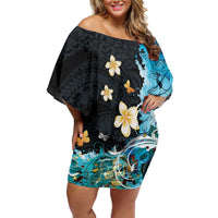 Blue Grunge Polynesian Pattern Family Matching Off Shoulder Short Dress and Hawaiian Shirt Plumeria Floral LT01 Mom's Dress Blue - Polynesian Pride